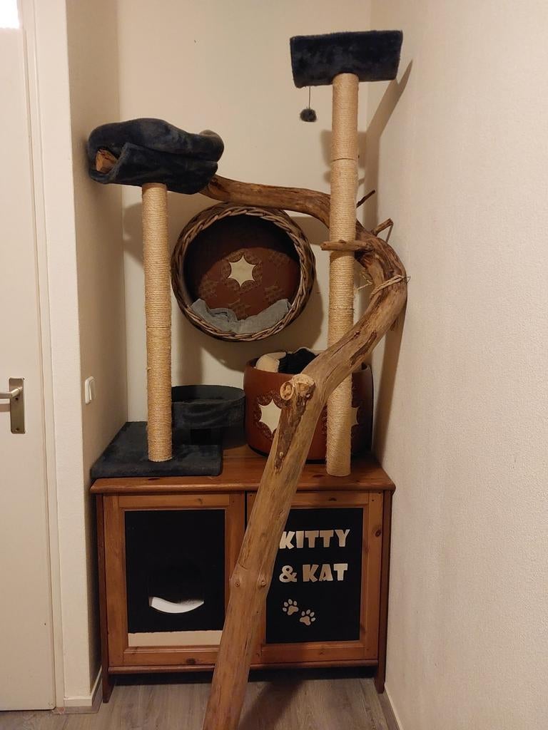 Kattenkast; krabpaal, slapen, kattenbak en opbergen., Ophalen, Gebruikt