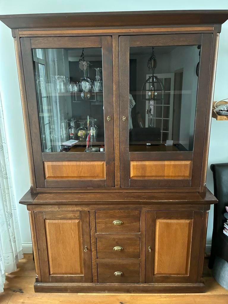 Mooie eiken vitrinekast met lades en deuren, Ophalen, Gebruikt, Met deur(en), 200 cm of meer
