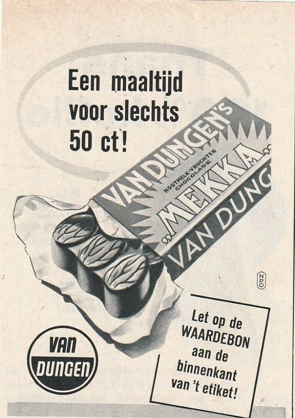 Retro reclame 1953 Van Dungen chocola met op de waardebon, Verzenden, Overige typen