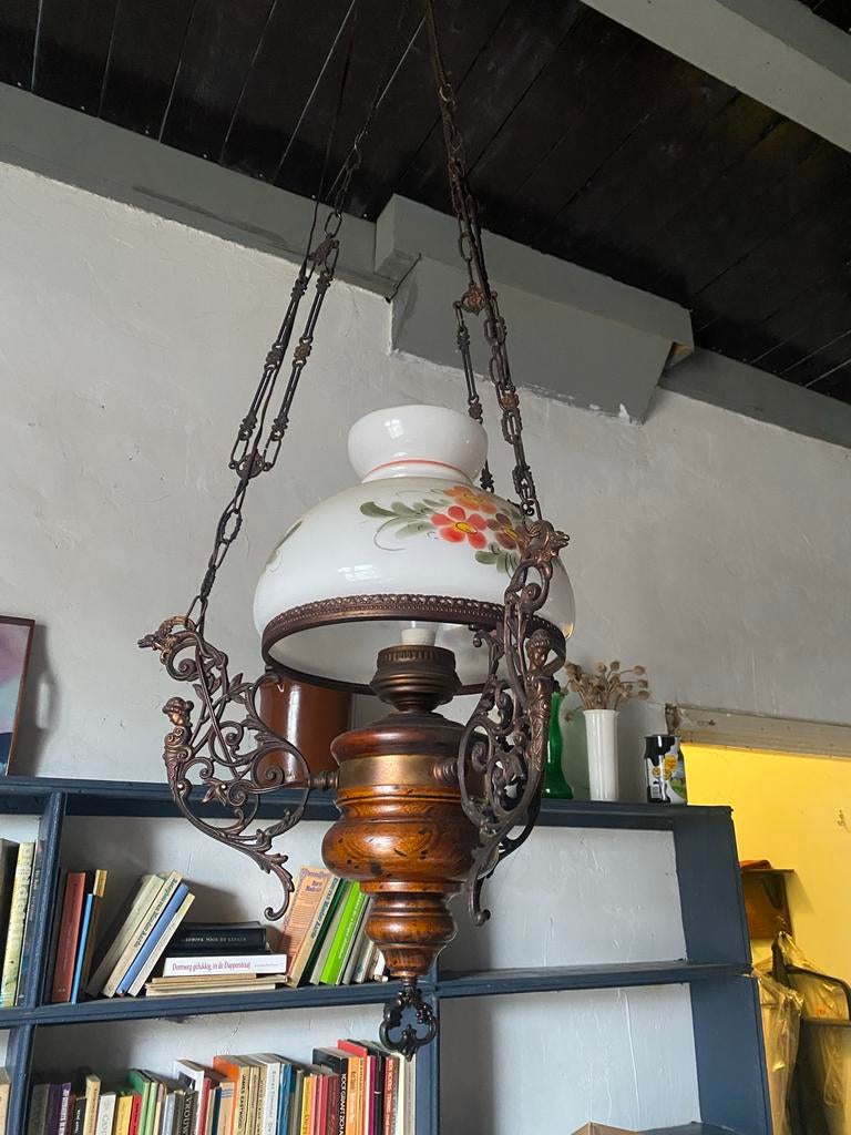 Antieke hanglamp met handgeschilderde kap, Ophalen of Verzenden