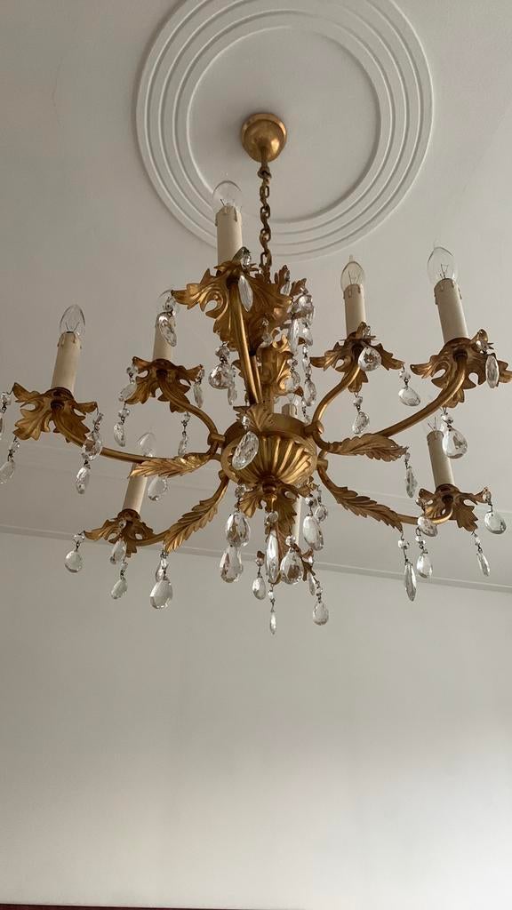 Anieke kroonluchter - Kristal & Messing -9-arms, Huis en Inrichting, Lampen | Kroonluchters, Ophalen, Gebruikt, Glas, Antiek Vintage