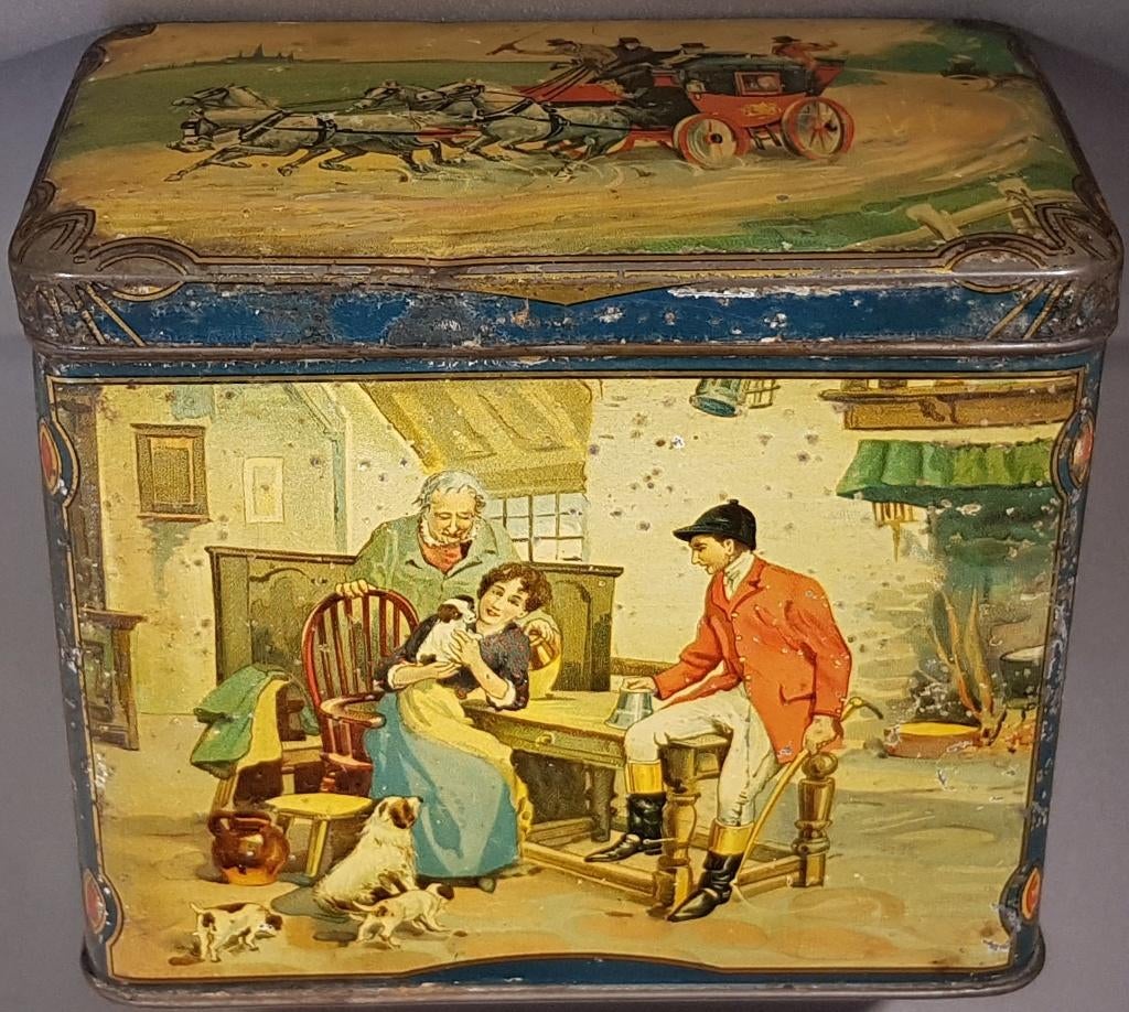 Koffie & Thee Blik de Gruyter 1930 jachttaferelen, postkoets, Verzamelen, Ophalen of Verzenden, Gebruikt, Overige