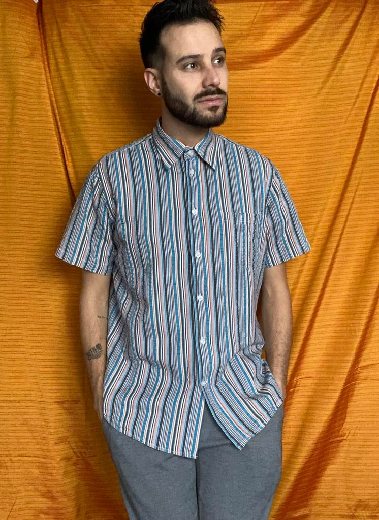 Vintage overhemd - gestreept - katoen - strepen - M/medium, Kleding | Heren, Overhemden, Hg, Blauw, Vintage, 1073BK