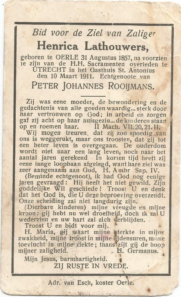 bidprentje Henrica Lathouwers Oerle 1857 - Utrecht 1911, Verzenden, Bidprentje