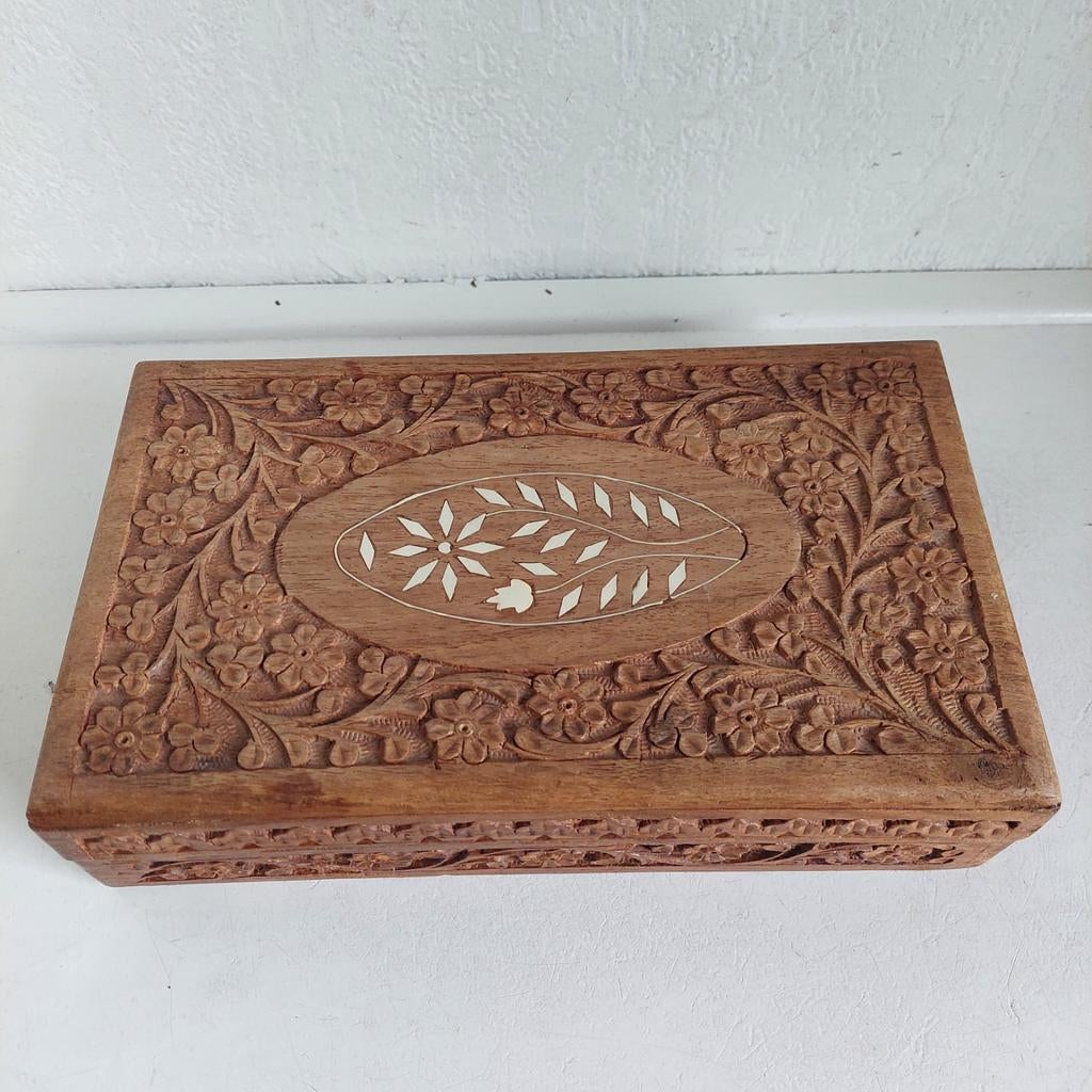 Lucky Vintage midcentury India houtsnijwerk doos, Antiek en Kunst, Ophalen of Verzenden