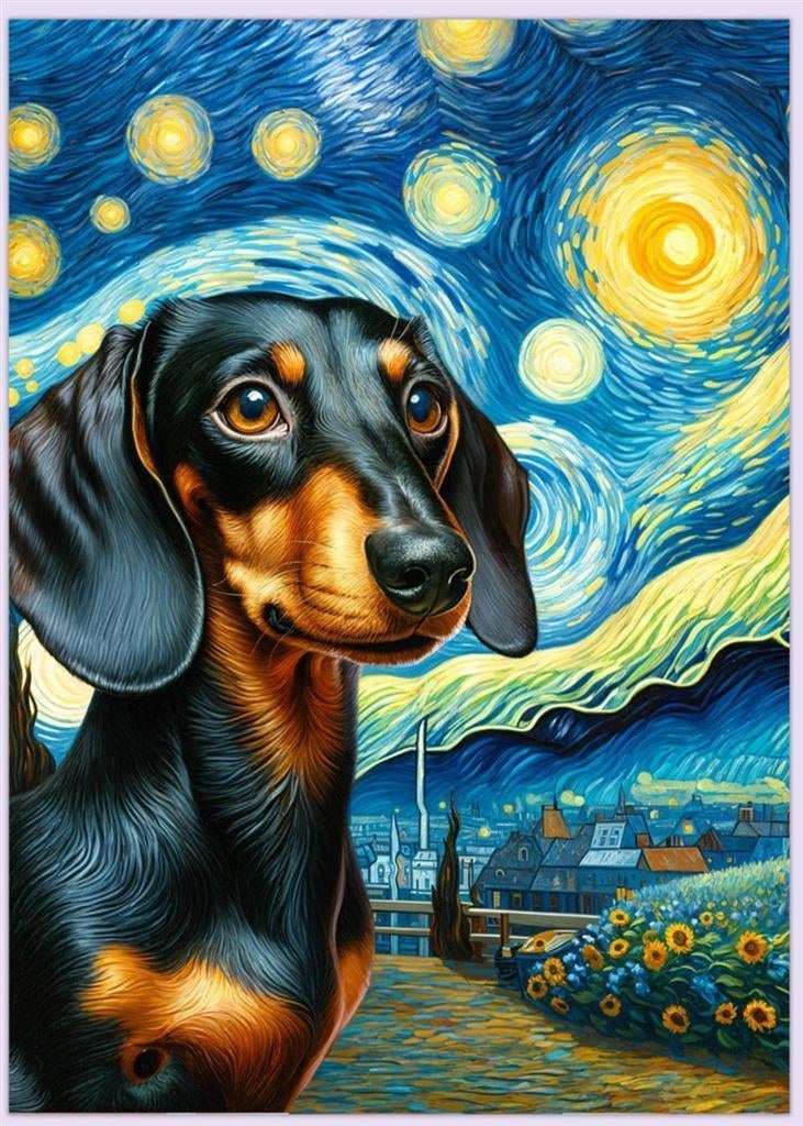 Grote Dachshund Teckel van Gogh Sterrennacht Poster, Ophalen of Verzenden, Nieuw, A1 t/m A3, Film en Tv