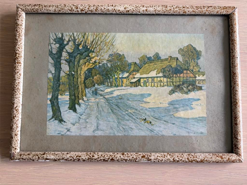 Schilderijtje winterlandschap gesigneerd R. Albitz 32x23 cm, Ophalen of Verzenden