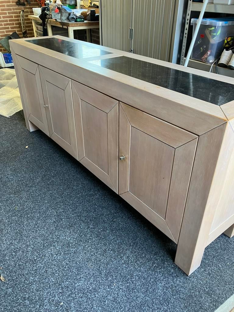 Eiken dressoirkast met leisteen, Ophalen, Gebruikt, Eikenhout, 200 cm of meer