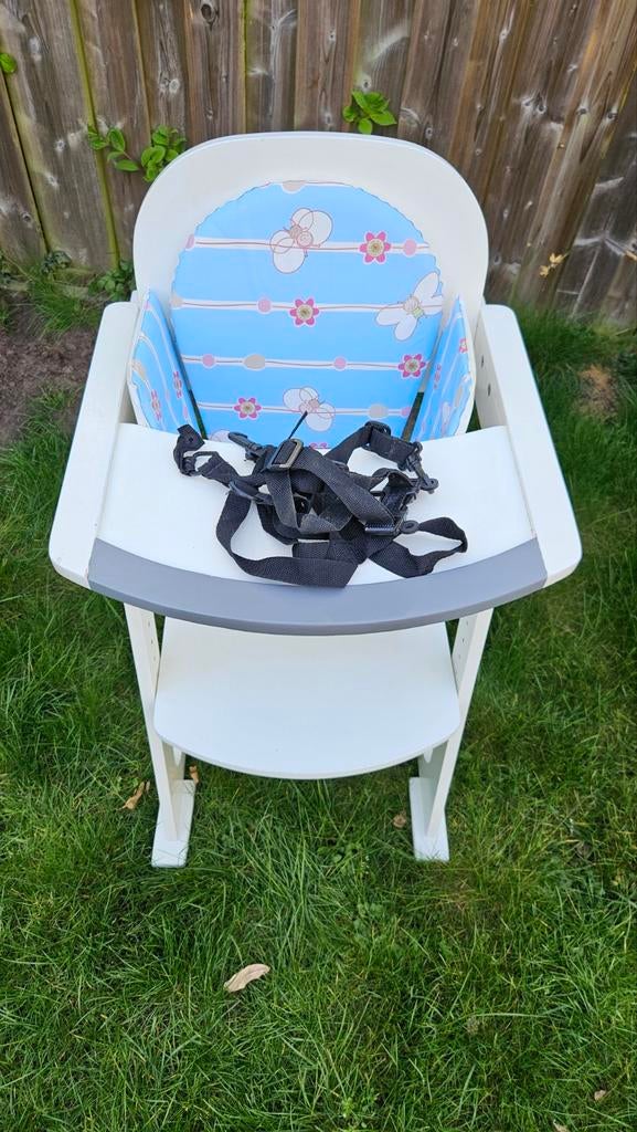 Houten kinderstoel met tuigje en zitkussen, Ophalen, Gebruikt, Meegroeistoel, Gordel(s)
