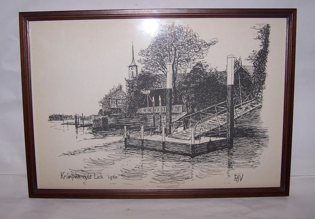 Prachtige pentekening Krimpen a/d Lek 1960 gesigneerd PdV., Antiek en Kunst, Ophalen of Verzenden