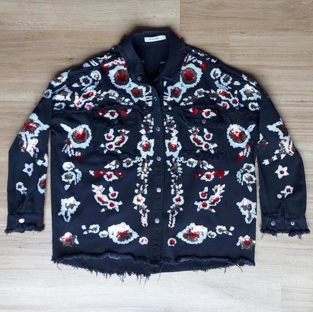 ruimvallend Jubylee gerafeld jeans jas met pailletten 1-maat, Jubylee, Ophalen of Verzenden, Zo goed als nieuw, Zwart