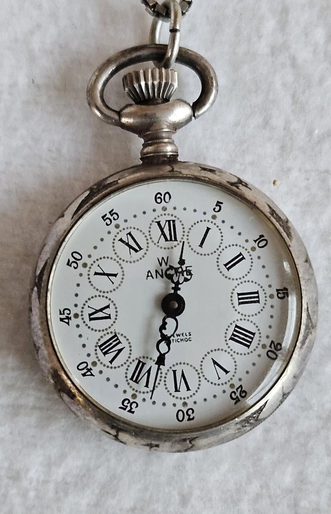 Zilveren zakhorloge ANCRE 15 jewels antichock, Overige merken, Zakhorloge, Met ketting, Zilver