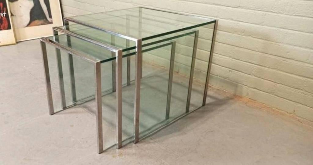 Vintage glas en chrome mimiset nesting tables bijzettafels, Ophalen, Tweedehands, Tweedehands, Tweedehands