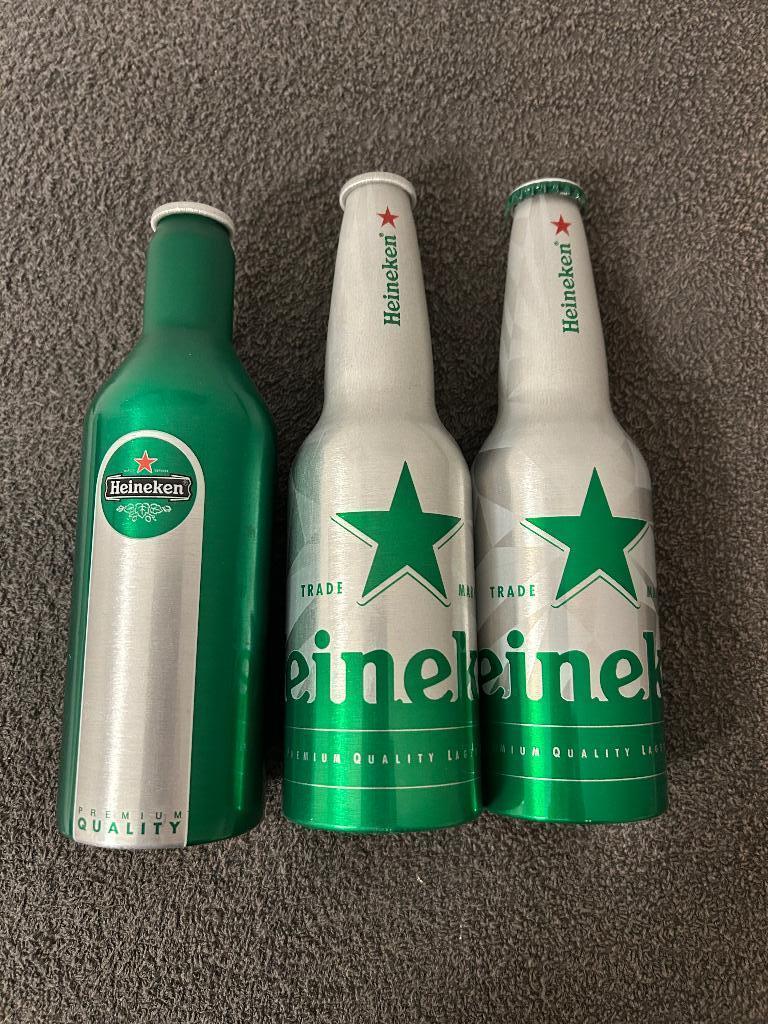 3 Heineken aluminium flessen., Verzamelen, Biermerken, Ophalen, Zo goed als nieuw, Flesje(s), Heineken