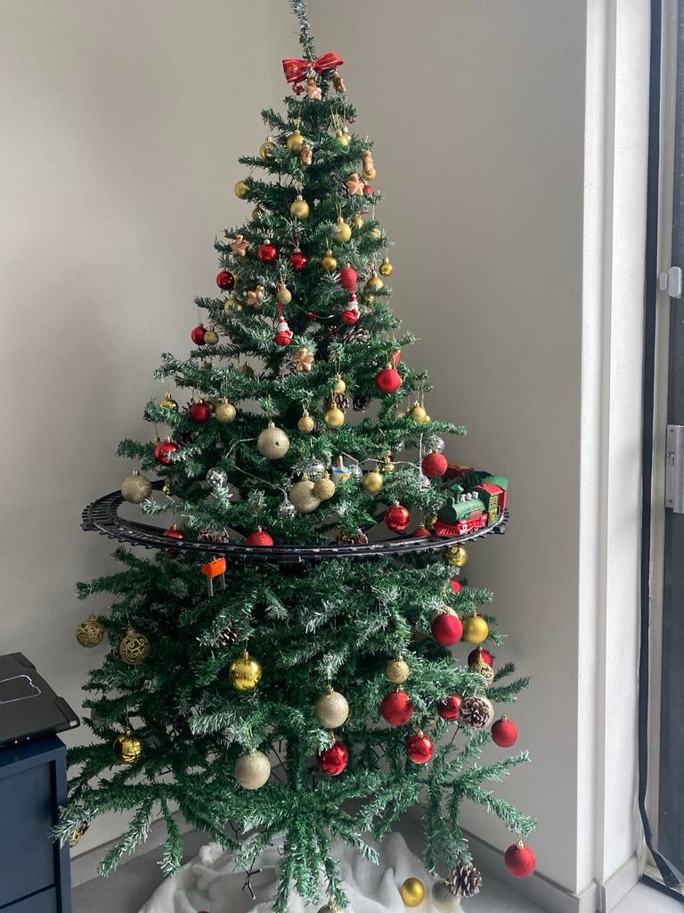 Prachtige kerstboom 190cm Sneeuweffect, Dennenappels & Trein, Ophalen of Verzenden, Gebruikt