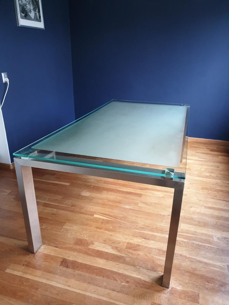 Eettafel, glas met RVS, 200x100cm, Huis en Inrichting, Ophalen, Gebruikt, Rechthoekig, 50 tot 100 cm