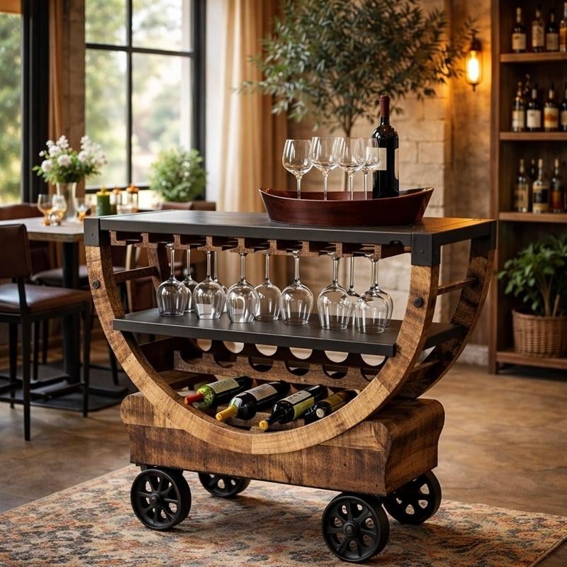 SHOWROOM MODEL Houten Wijnkar Wijntrolley Vintage Wijnrek, Info@dehanzeherten.nl, De Hanze Herten BV, 5 tot 15 flessen, Nieuw