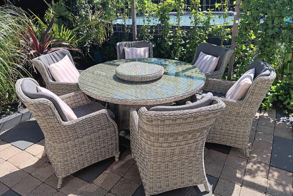 6 persoons ronde tuinset / diningset incl lazy susan, Ophalen, Gebruikt, 6 zitplaatsen, Wicker