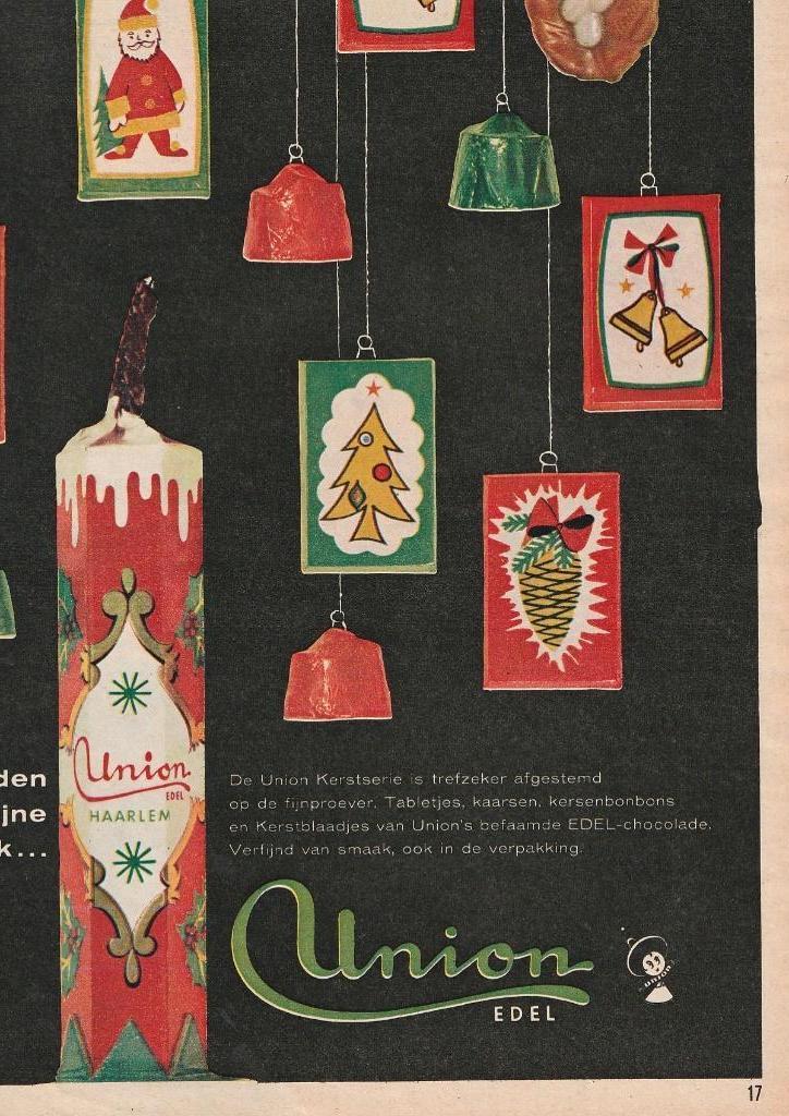 Retro reclame 1961 Union chocolade met Kerstmis, Verzenden, Overige typen