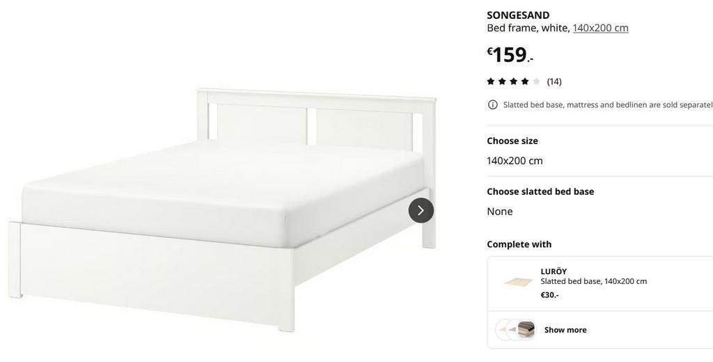 Ikea 140x200 bed rack + base + mattress, Ophalen, Gebruikt, Wit, Tweepersoons