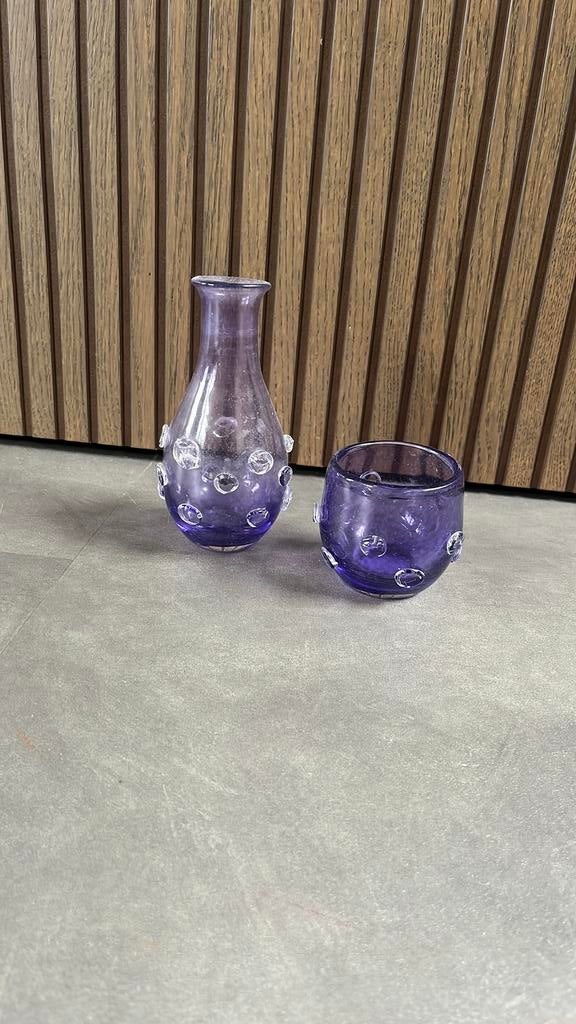 Set paars glas – vaasje + waxinelichthouder, Overige kleuren, ., Ophalen of Verzenden, Zo goed als nieuw