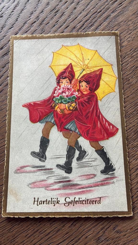 2 meisjes met rode regencape/laarzen/paraplu.Hannie HOLT, Ophalen of Verzenden, 1920 tot 1940, Gelopen, Kinderen