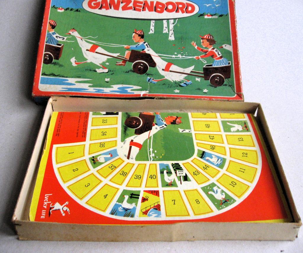 Ganzenbordspel uit 1947 compleet: spelregels en pionnen, Ophalen of Verzenden