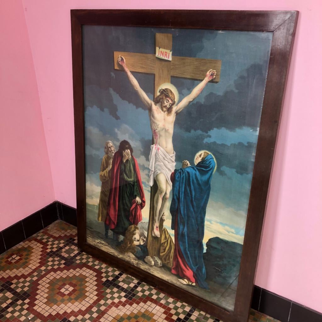 Vintage religieuze afbeelding in houten lijst., Ophalen of Verzenden, Zo goed als nieuw, Overige typen