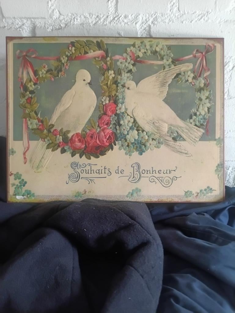 Vintage metalen bord 'Souhaits de Bonheur' met duiven, Ophalen of Verzenden