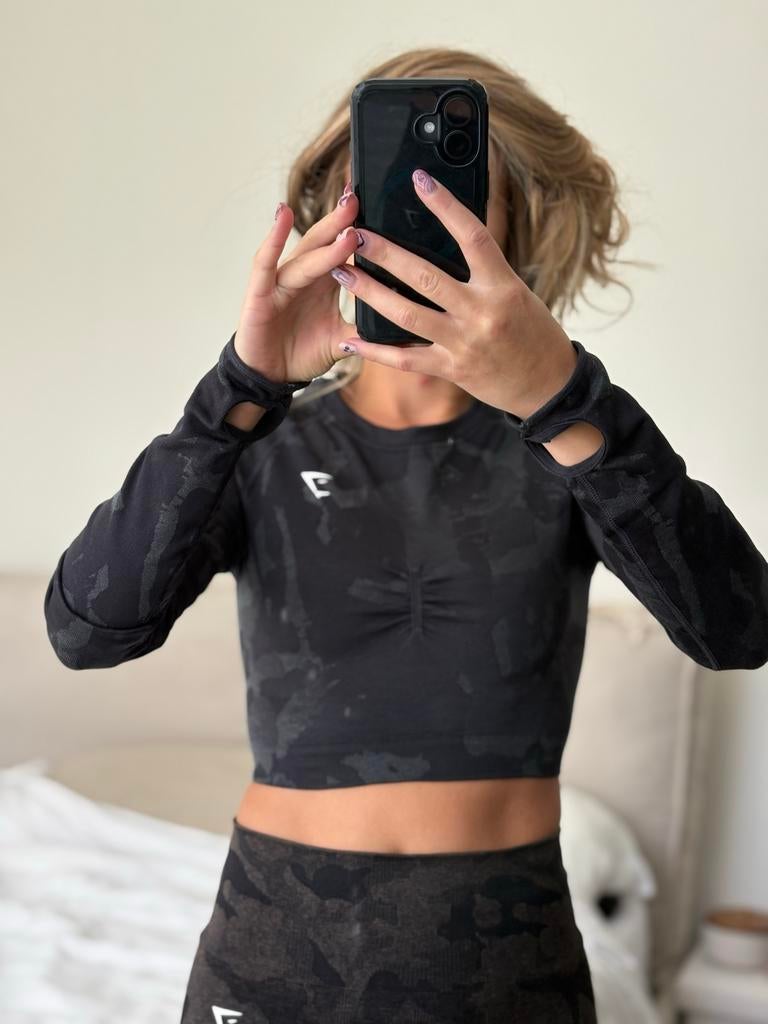 Gymshark Camo Seamless Longsleeve Croptop, Kleding | Dames, Zwart, Ophalen of Verzenden, Maat 34 (XS) of kleiner, Fitness of Aerobics