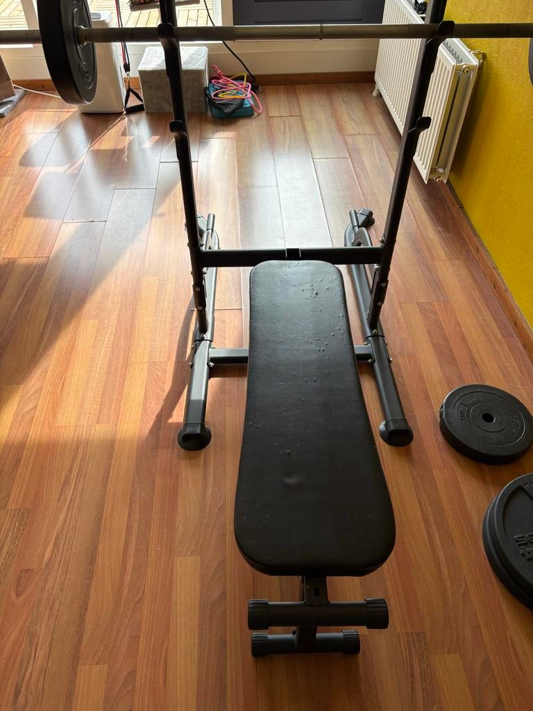 Fitness set met bankdruk, squat, optrek en dip station, Sport en Fitness, Ophalen, Gebruikt, Armen, Halterset