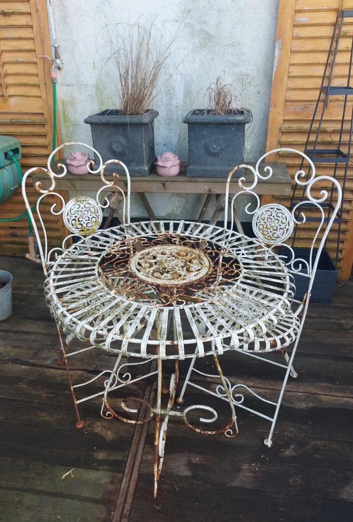 Brocante ijzeren tuinset - tafel met 2 stoelen, Overige materialen, Gebruikt, Tuinset, Eettafel