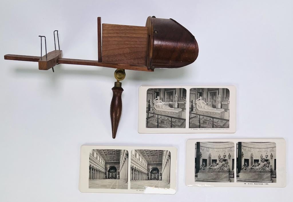 92. Houten stereokijker met stereofoto's Italië, 19e eeuw, Antiek en Kunst, Antiek | Gereedschap en Instrumenten, Ophalen of Verzenden