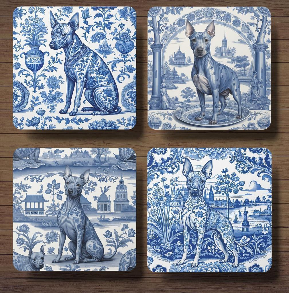 American Hairless Terriër Delfts Blauw onderzetters + houder, Ophalen of Verzenden, Nieuw, Glas of Kopje