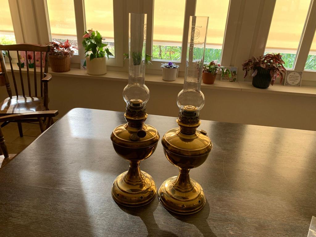 Set van 2 antieke olielampen met glazen kappen, Antiek en Kunst, Antiek | Lampen, Ophalen