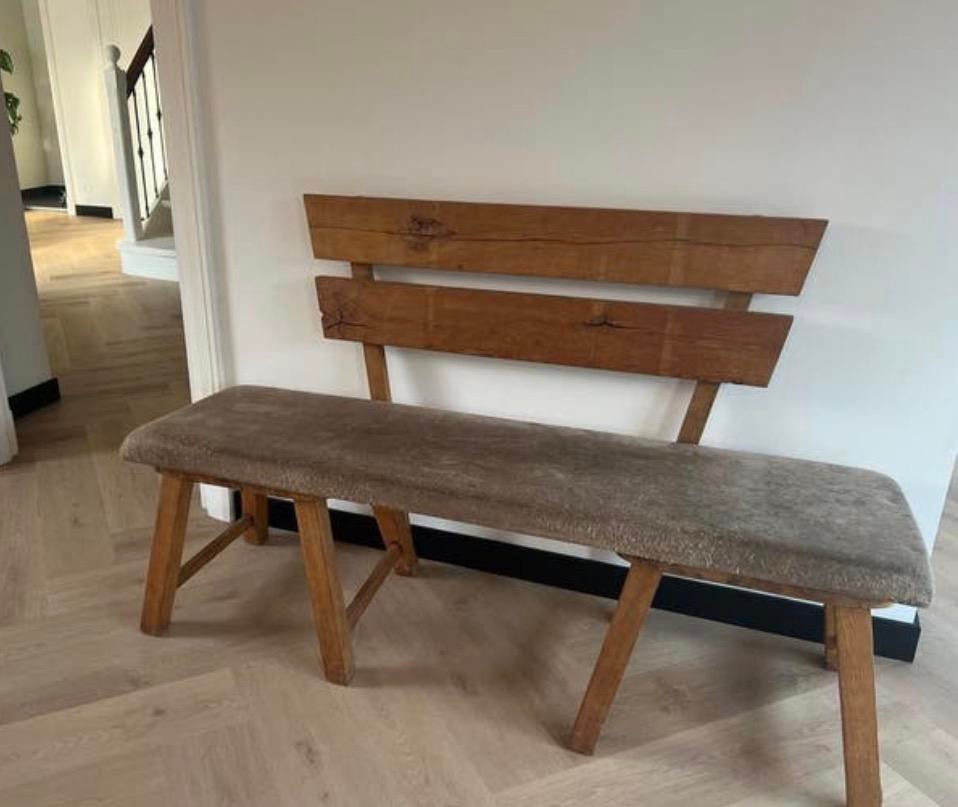 Uniek bankje: eikenhout met gymbok zitting, Huis en Inrichting, Ophalen, Gebruikt, Tweepersoons, Minder dan 150 cm