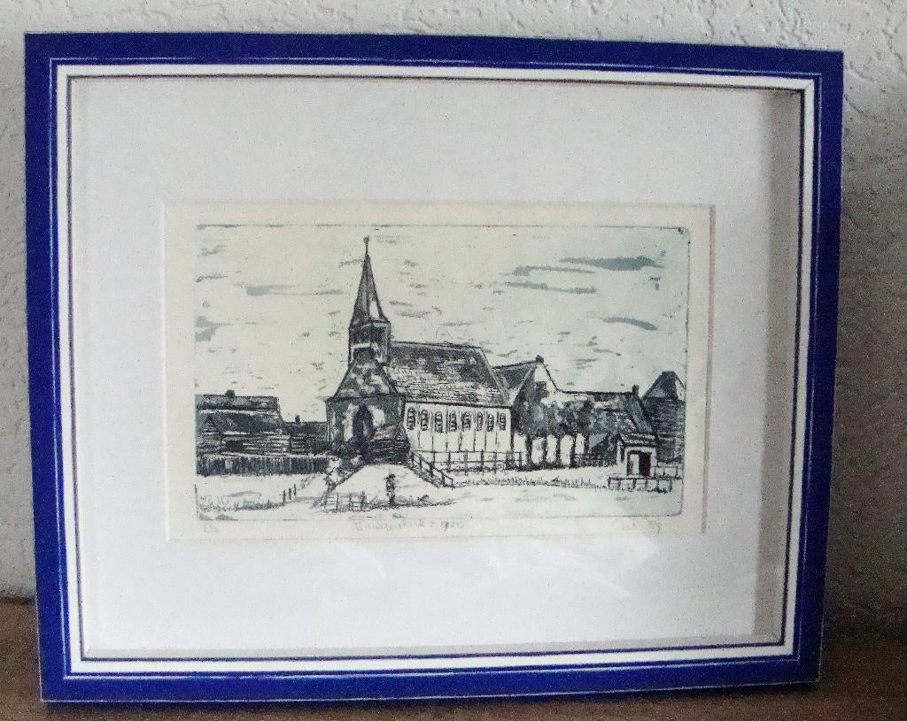 Andijk buurtjeskerk / ets in geheel nieuwe lijst, Ophalen of Verzenden