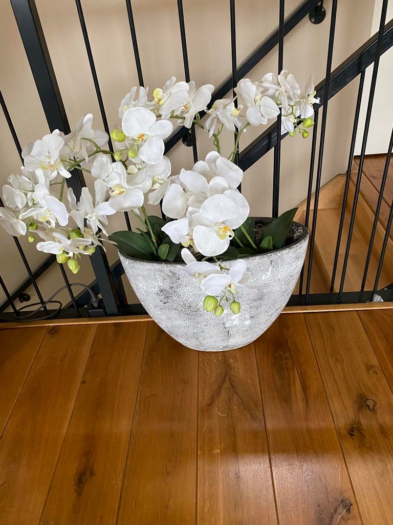 Prachtige kunst orchideeën in stijlvolle pot, Huis en Inrichting, Woonaccessoires | Kunstplanten en Kunstbloemen, Ophalen, Binnen