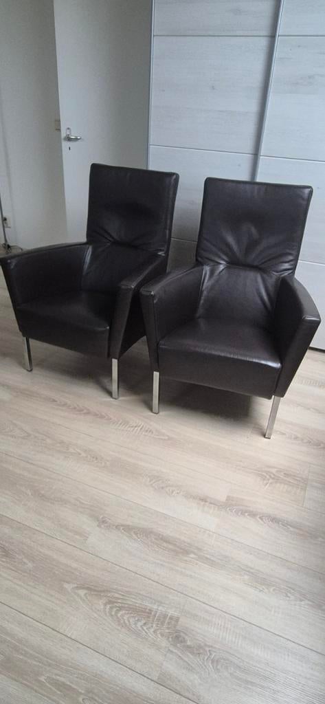 2 Leren lounge Fauteuils Bizonleer d.bruin met chromen poten, Ophalen, 75 tot 100 cm, Zo goed als nieuw, Modern