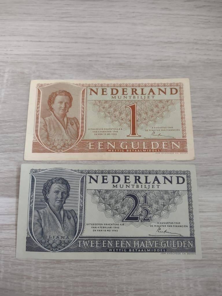 Setje Prachtige muntbiljetten 1949, 1 en 2,5 gulden Juliana, Ophalen of Verzenden