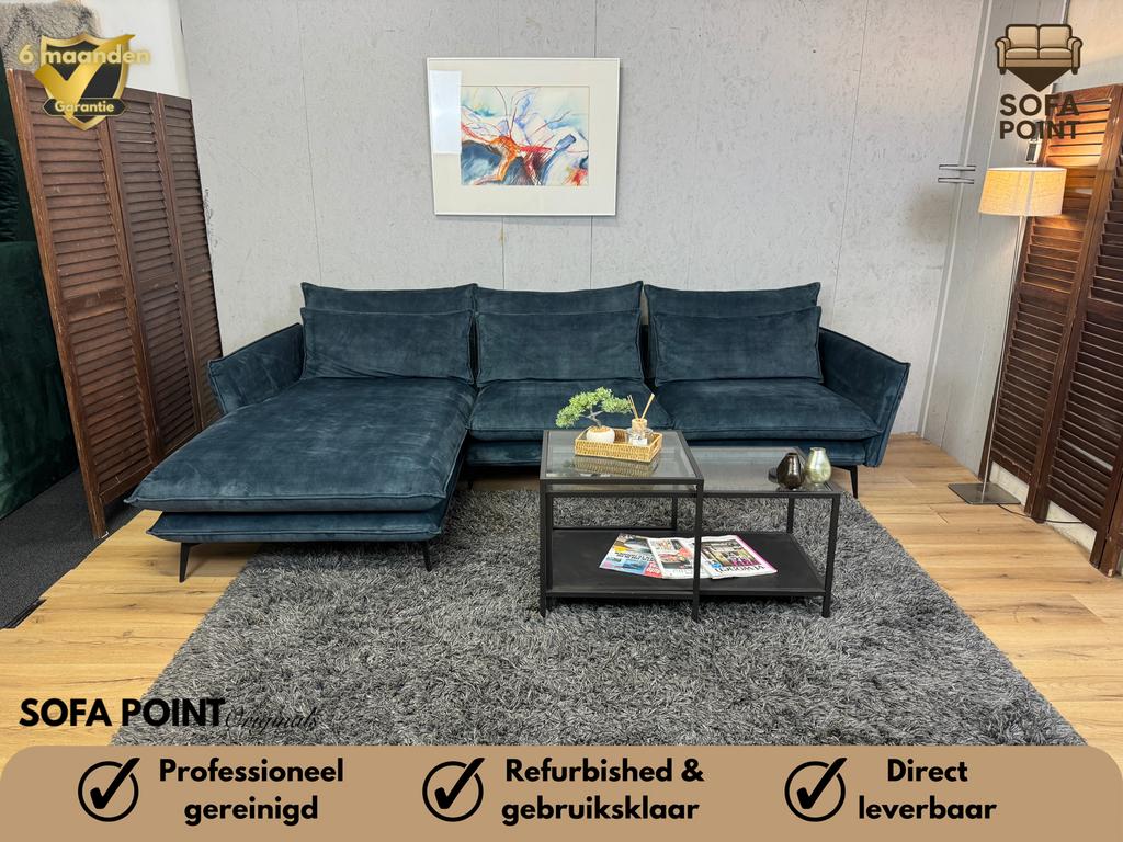 Nachtblauwe “Feel - Elin”  Velvet Loungebank- Gratis Bezorgd, Hoekbank, Ophalen of Verzenden, Zo goed als nieuw, Noordkade 68A