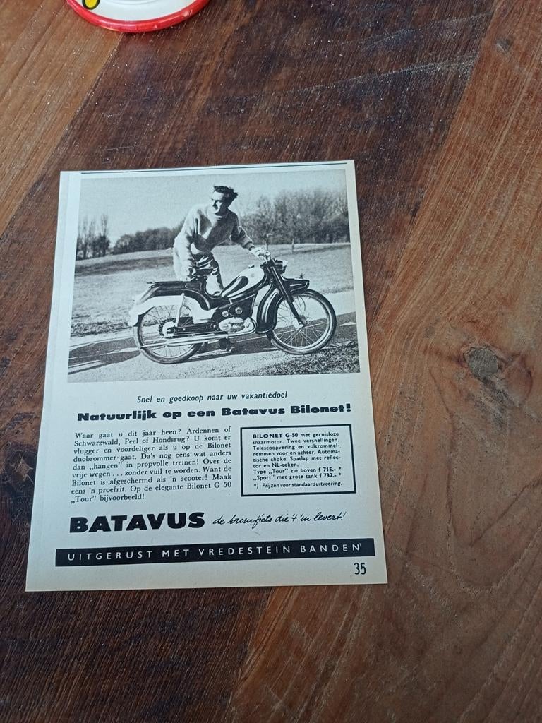 Advertentie Batavus bilonet snel naar vakantiedoel 1958, Verzamelen, Merken en Reclamevoorwerpen, Ophalen of Verzenden, Zo goed als nieuw
