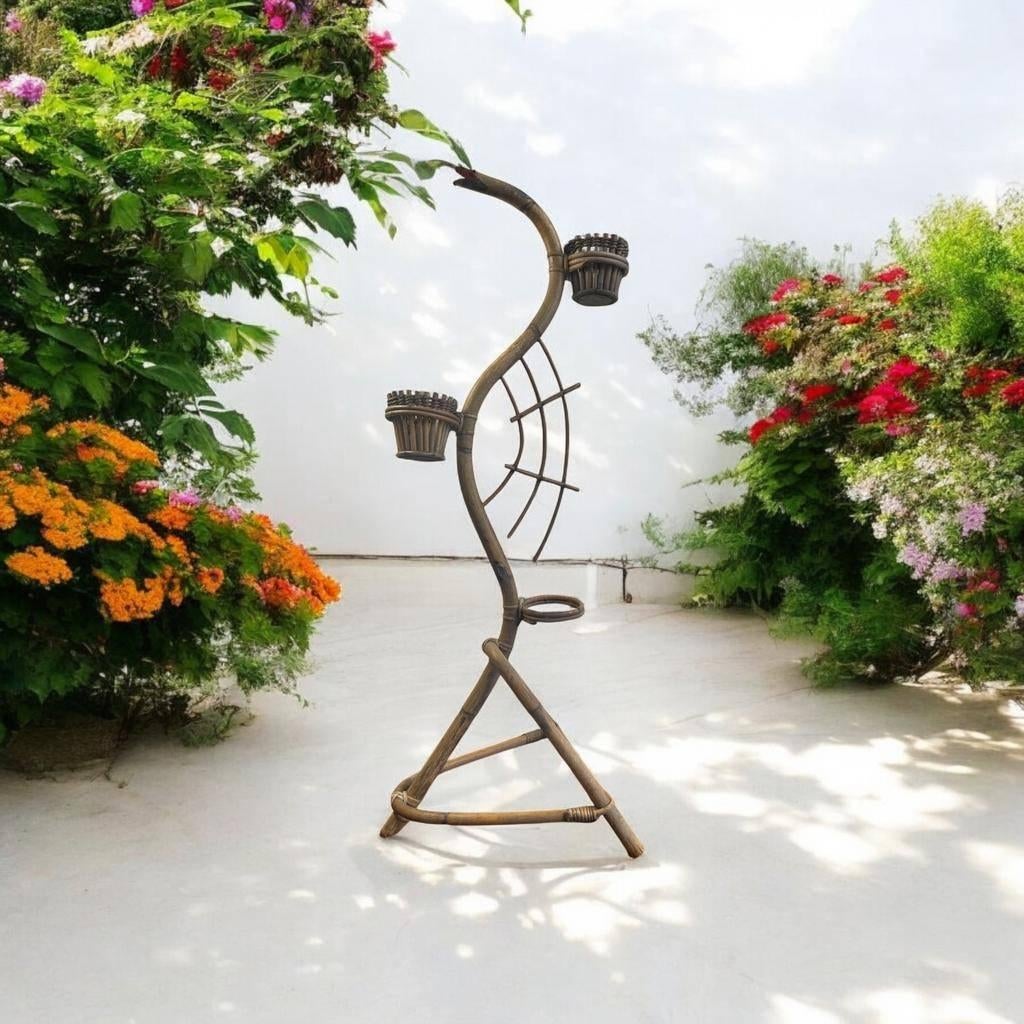 Vintage rotan plantenstaander / slang plantenrekje, Ophalen, Noord-Brabant