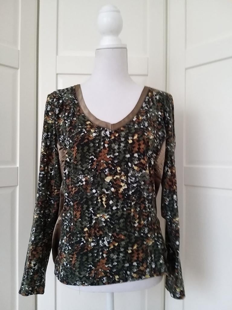 DIDI groen bruine longsleeve top met satijn XL (valt als L), Maat 46/48 (XL) of groter, Didi, Ophalen of Verzenden, Lange mouw