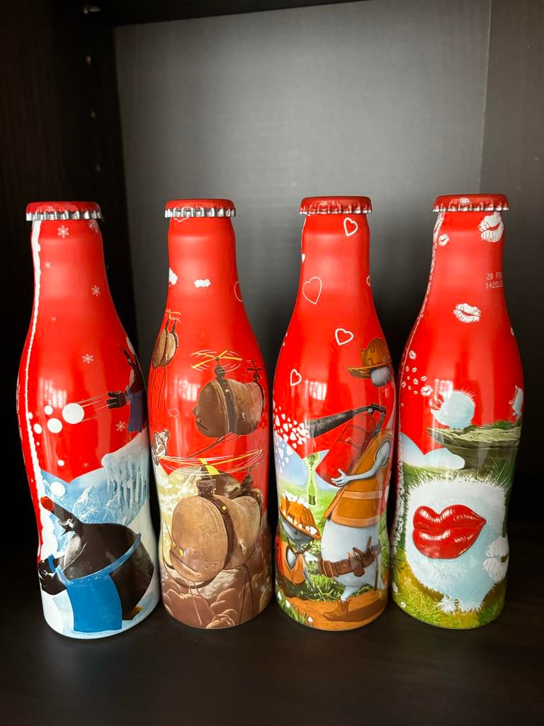 Coca Cola set flesjes Happiness Factory aluminium, Ophalen of Verzenden, Zo goed als nieuw, Verpakking