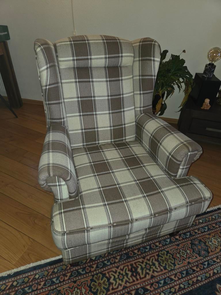 Oorfauteuil geruite stof bruin/crème, Ophalen