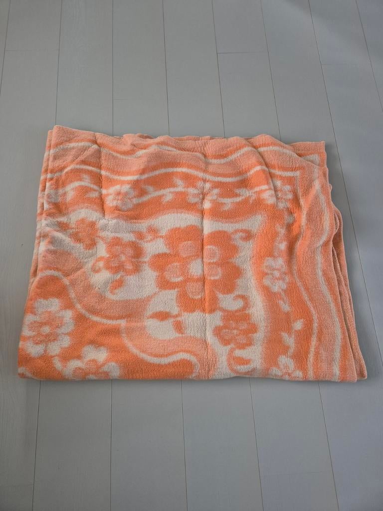 Vintage wollen deken met bloemenpatroon - Oranje/Wit, Huis en Inrichting, Woonaccessoires | Plaids en Woondekens, Ophalen of Verzenden