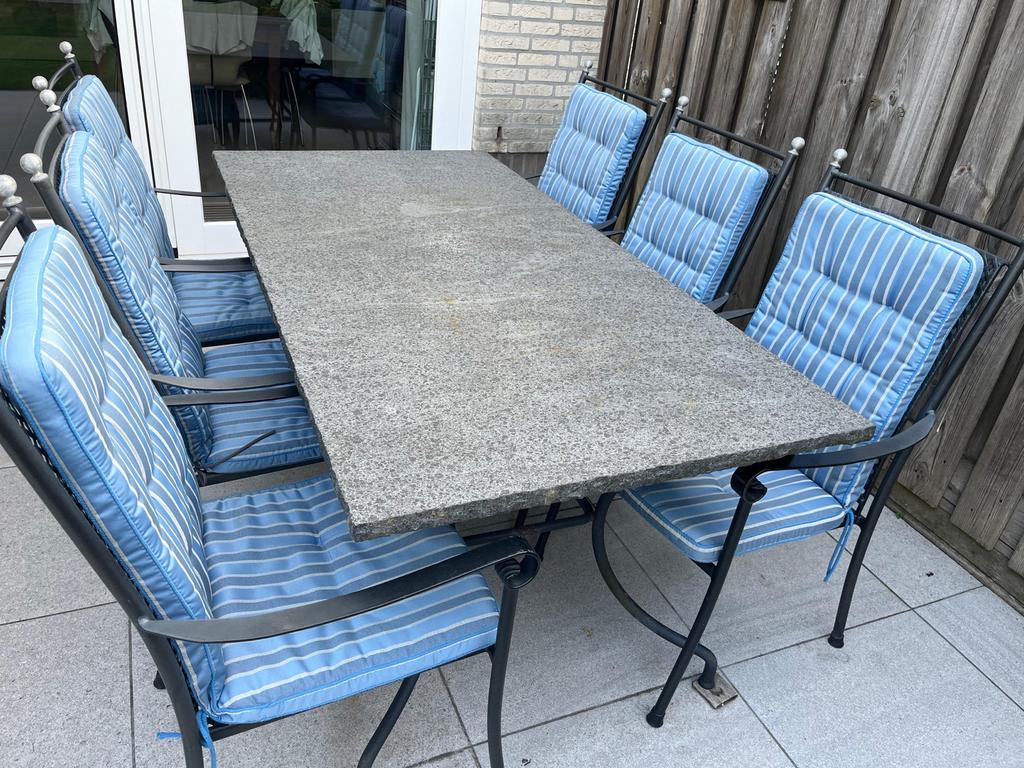 Tuintafel set met granieten blad + 6 stoelen, Tuin en Terras, Ophalen, Gebruikt, Rechthoekig, Metaal