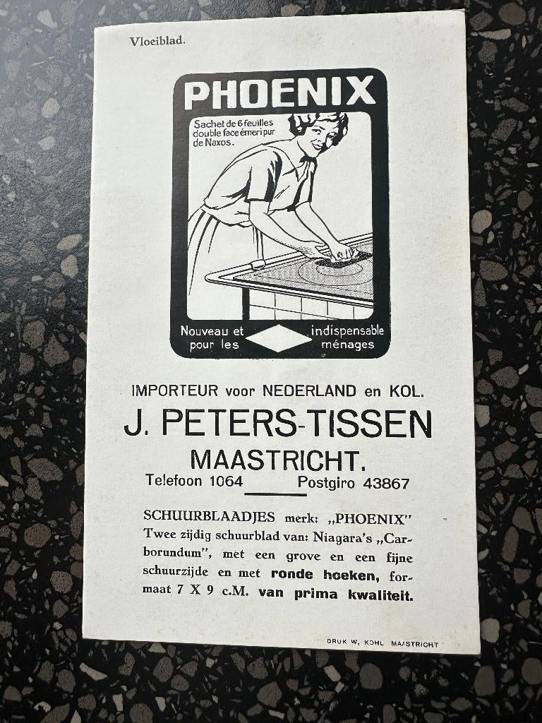 Vloeiblad Phoenix schuurblaadjes J. Peters–Tissen Maastricht, Verzamelen, Merken en Reclamevoorwerpen, Ophalen of Verzenden, Gebruikt