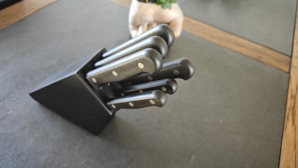 AMEFA messenset met blok prima staat!, Ophalen of Verzenden, Zo goed als nieuw, Rvs of Chroom